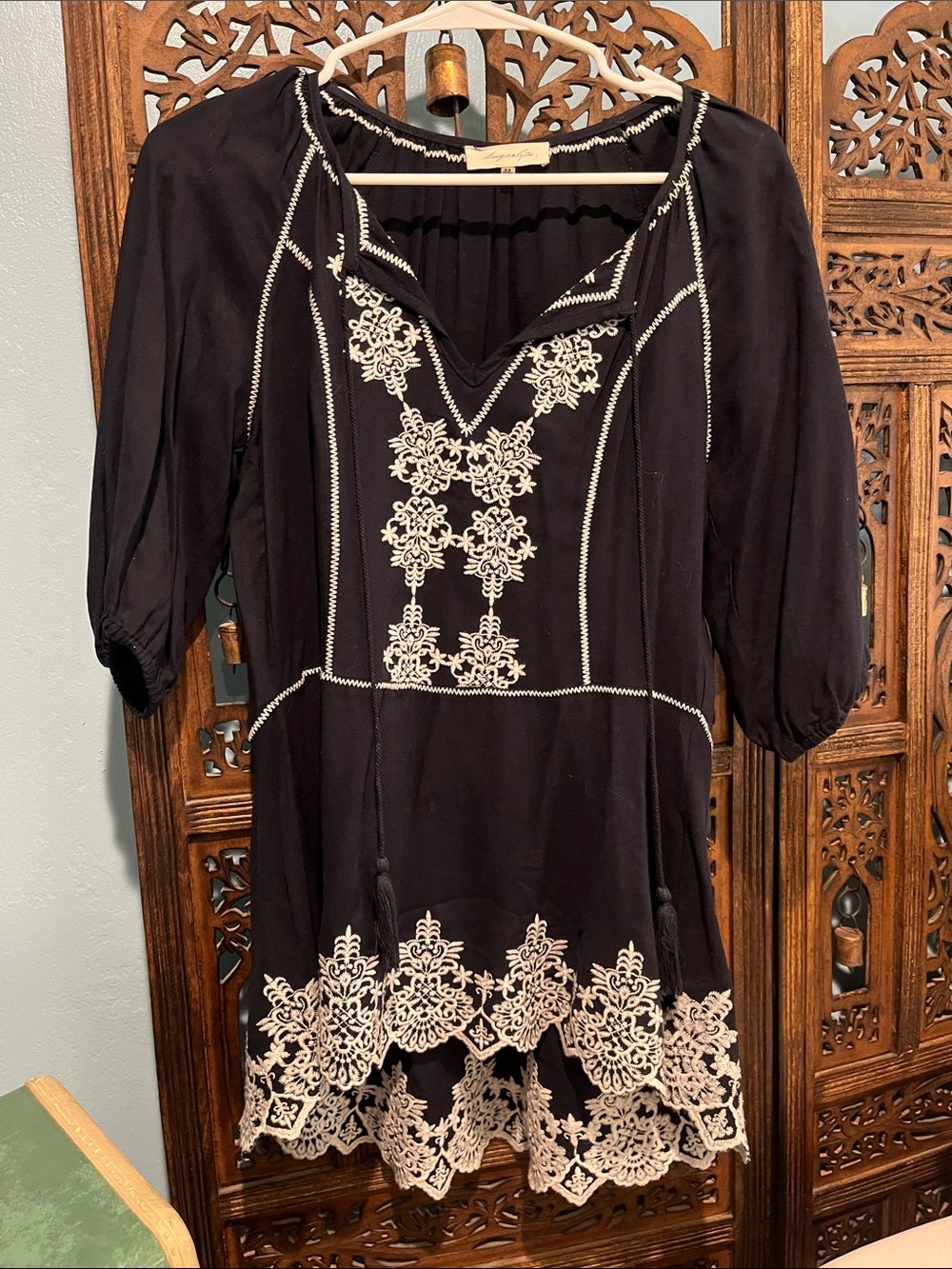 Sugarlips Black Tunic with Cream Embroidered Hem & Bodice